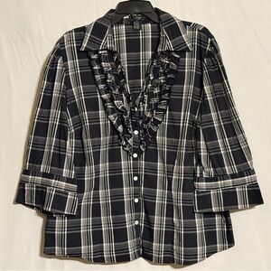 Spense Black and White Ruffled Front Plaid Blouse Size 2X